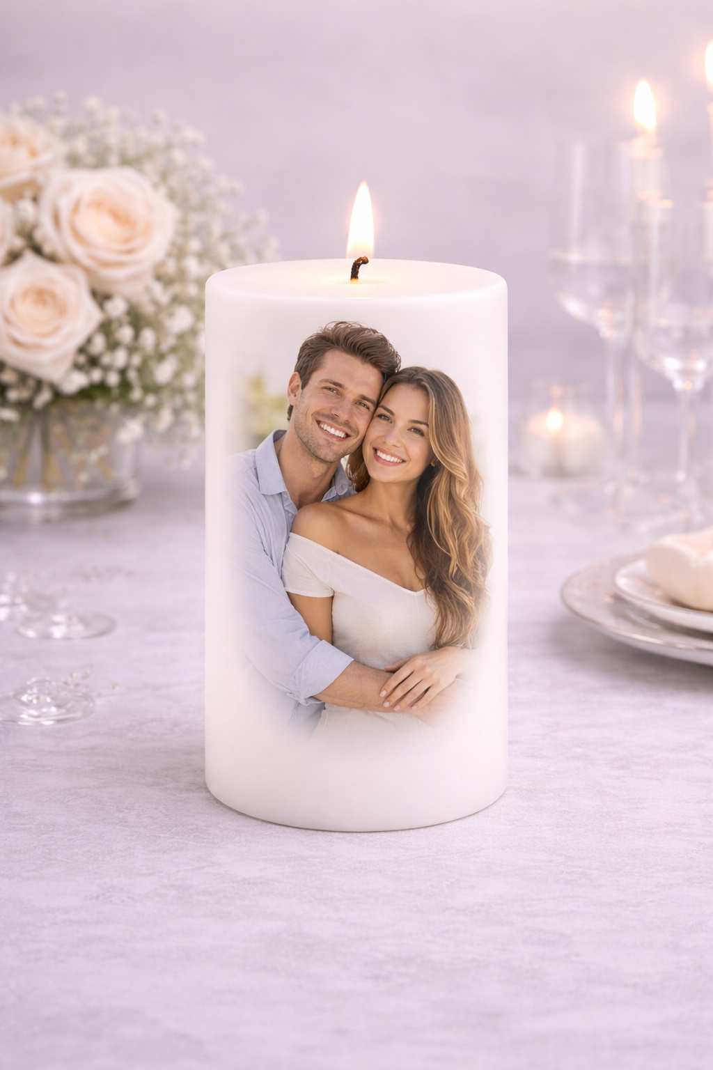 Personalized wedding keepsake candle with couple photo, custom design, wedding date, and QR code memory experience by Light From Within.