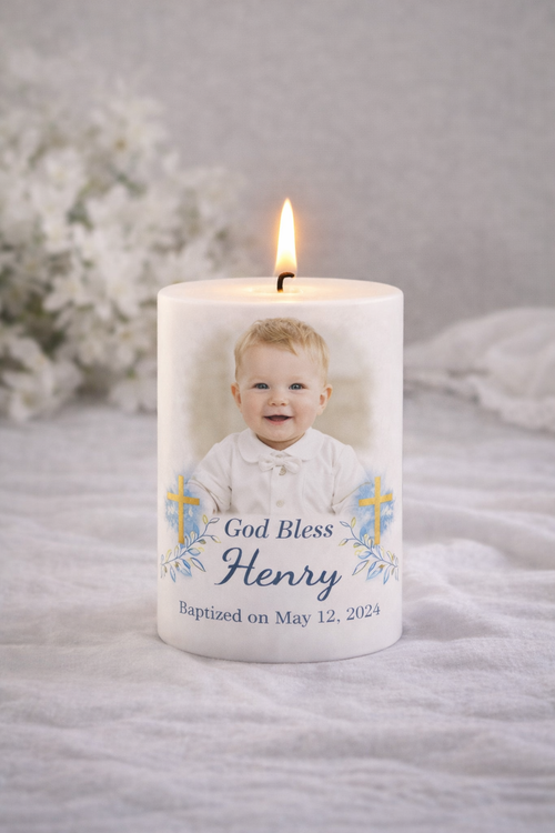 Personalized keepsake candle designed as a heartfelt gift for memorials, weddings, anniversaries, baptism and celebrations. Customized with photo, name, dates, custom design, and QR code by Light From Within.