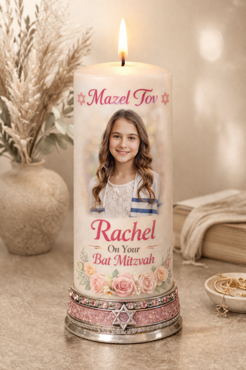 Personalized keepsake candle designed as a heartfelt gift for memorials, weddings, anniversaries, Bar Mitzvah, Bat Mitzvah and celebrations. Customized with photo, name, dates, custom design, and QR code by Light From Within.