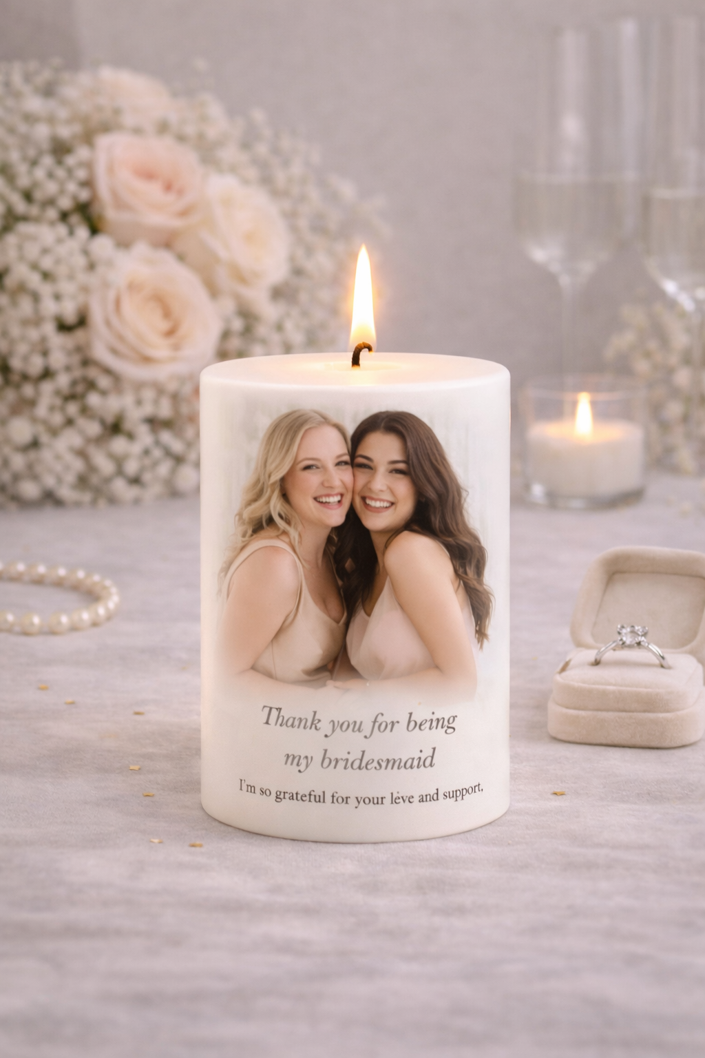Personalized keepsake candle designed as a heartfelt gift for memorials, weddings, anniversaries, bridesmaid s and celebrations. Customized with photo, name, dates, custom design, and QR code by Light From Within.