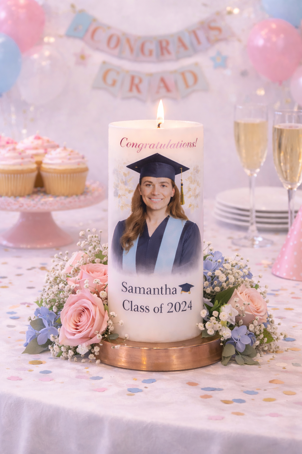 Personalized keepsake candle designed as a heartfelt gift for memorials, weddings, anniversaries, graduation and celebrations. Customized with photo, name, dates, custom design, and QR code by Light From Within.