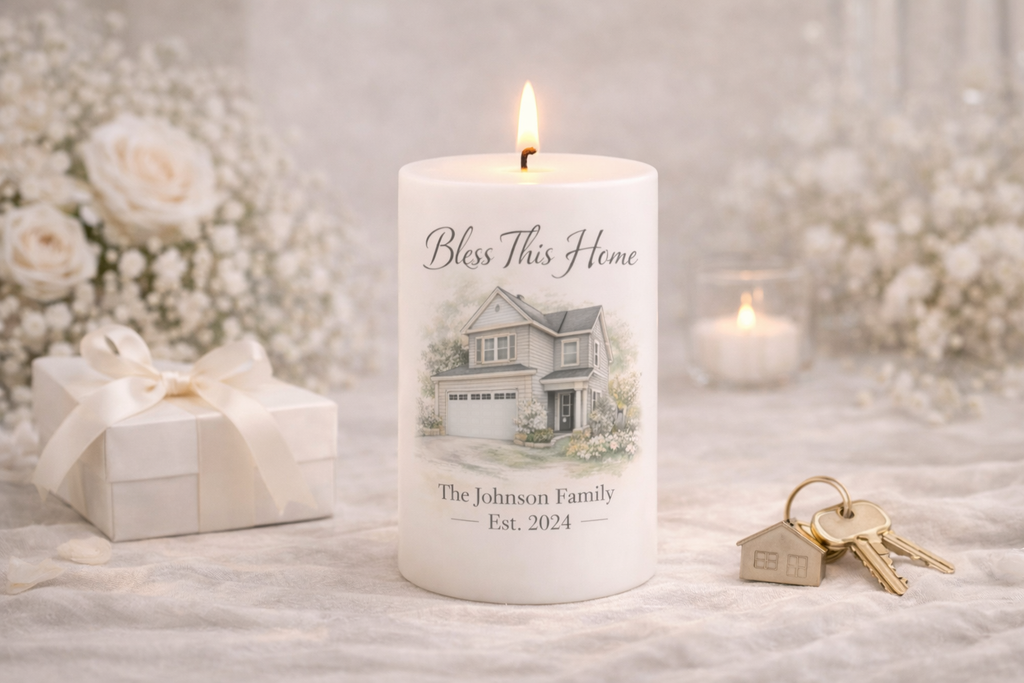 Personalized keepsake candle designed as a heartfelt gift for memorials, weddings, anniversaries, housewarming and celebrations. Customized with photo, name, dates, custom design, and QR code by Light From Within.