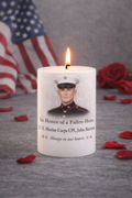 Personalized keepsake candle designed as a heartfelt gift for memorials, military, weddings, anniversaries, and celebrations. Customized with photo, name, dates, custom design, and QR code by Light From Within.