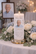 Personalized memorial candle with photo, name, dates, custom design, obituary and QR code by Light From Within.