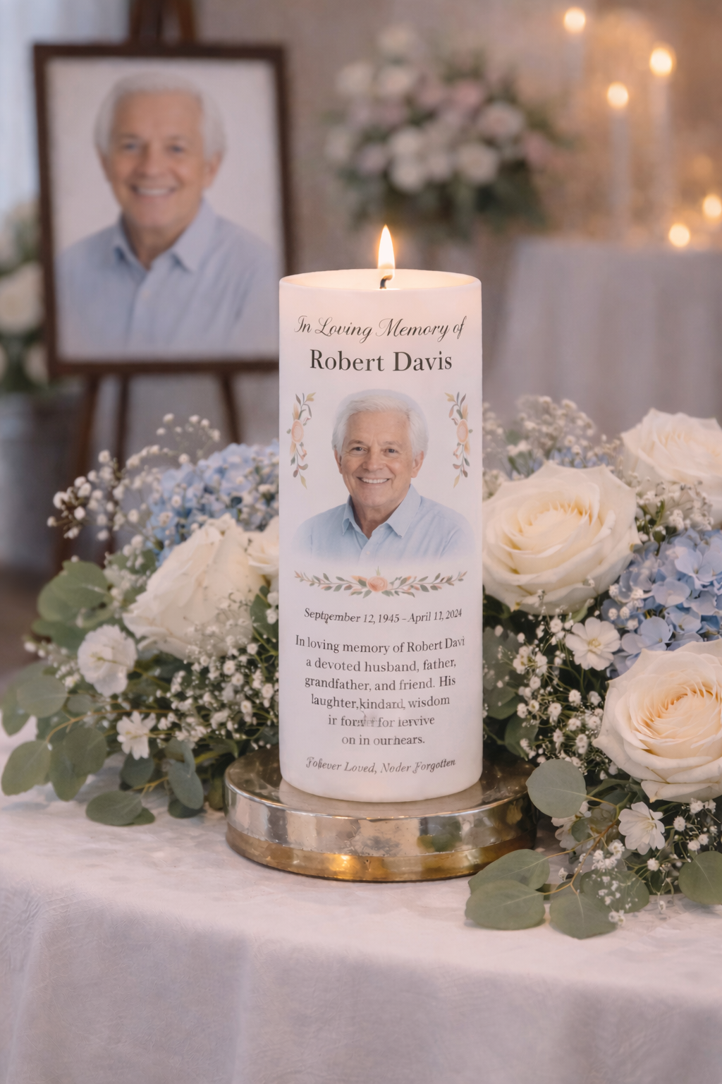 Personalized memorial candle with photo, name, dates, custom design, obituary and QR code by Light From Within.