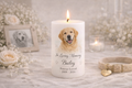 Personalized keepsake candle designed as a heartfelt gift for memorials, weddings, anniversaries, loss of pet, pet memorials and celebrations. Customized with photo, name, dates, custom design, and QR code by Light From Within.