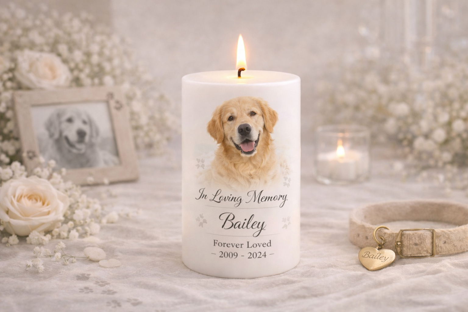 Personalized keepsake candle designed as a heartfelt gift for memorials, weddings, anniversaries, loss of pet, pet memorials and celebrations. Customized with photo, name, dates, custom design, and QR code by Light From Within.