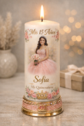 Personalized keepsake candle designed as a heartfelt gift for memorials, weddings, anniversaries, Quinceañera and celebrations. Customized with photo, name, dates, custom design, and QR code by Light From Within.