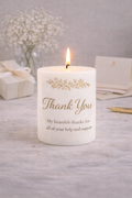 Personalized keepsake candle designed as a heartfelt gift for memorials, weddings, anniversaries, thank you, appreciation and celebrations. Customized with photo, name, dates, custom design, and QR code by Light From Within.